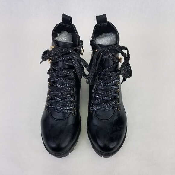 Chase + Chloe Storm Combat Boots Women 9 Black Block Heel Lug Sole Glitter Laces - Picture 13 of 15